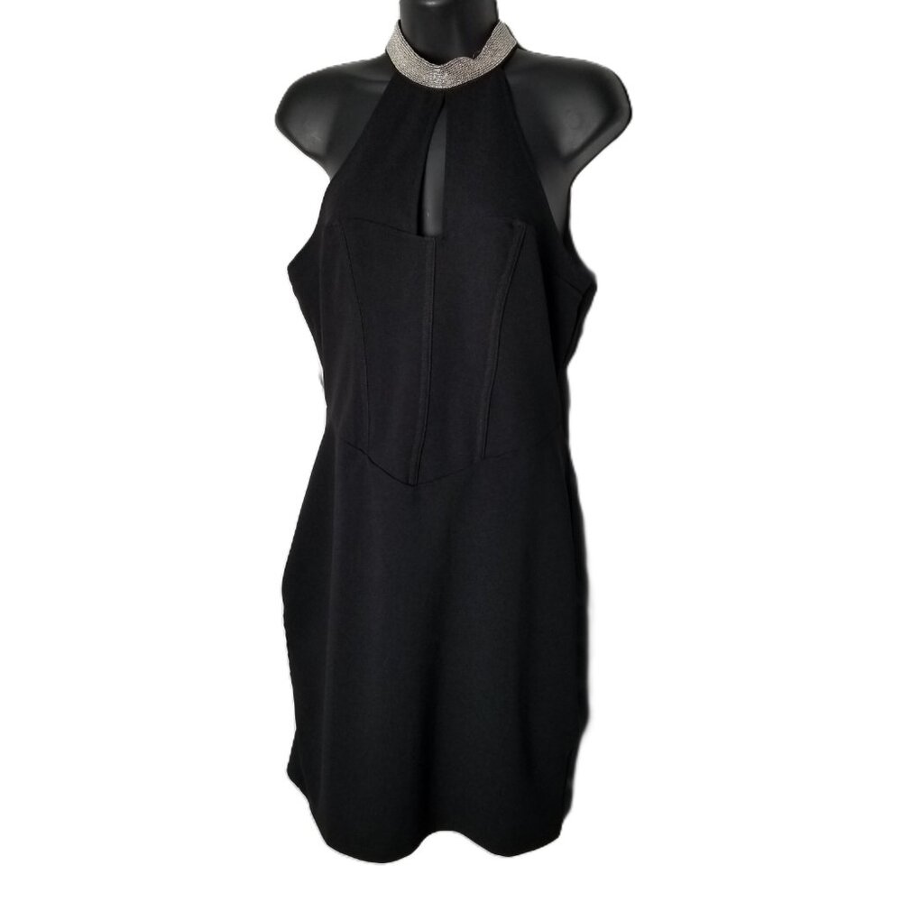 SHEIN Black Halter Bodycon Dress Large Rhinestone Collar Cocktail Party